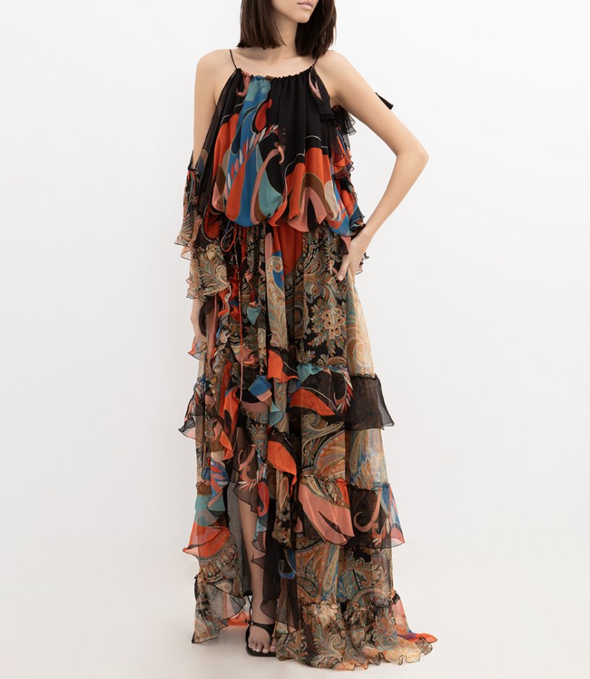 LONG WIDE DRESS WITH RUFFLES