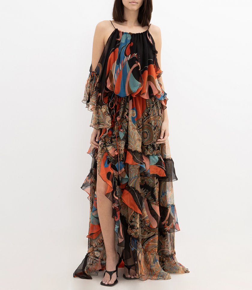 LONG WIDE DRESS WITH RUFFLES