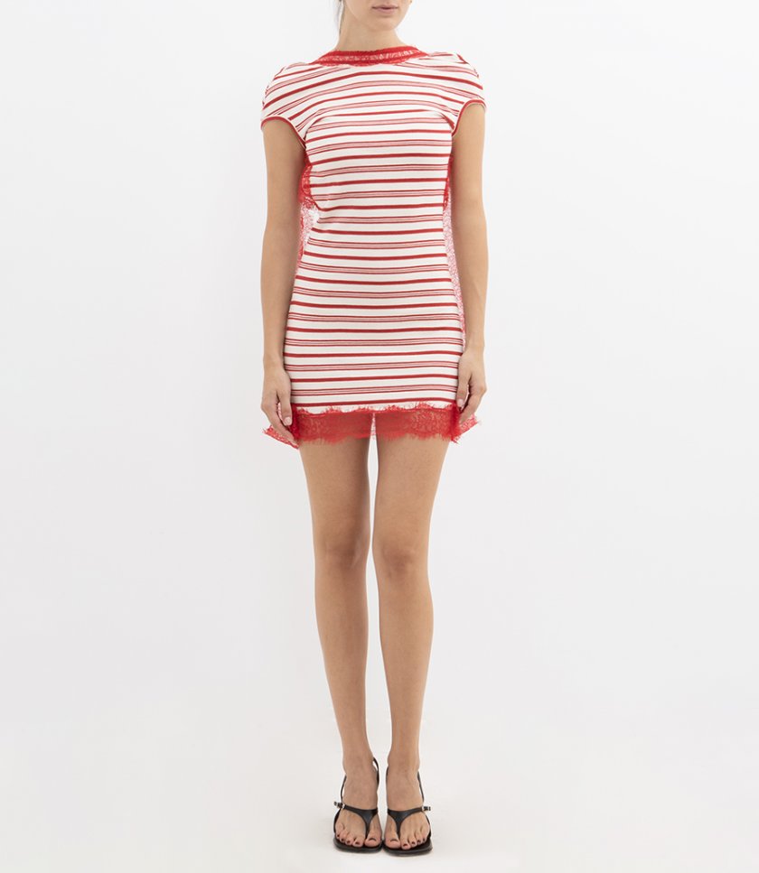 STRIPE JERSEY LACE TRIMMED TEE DRESS