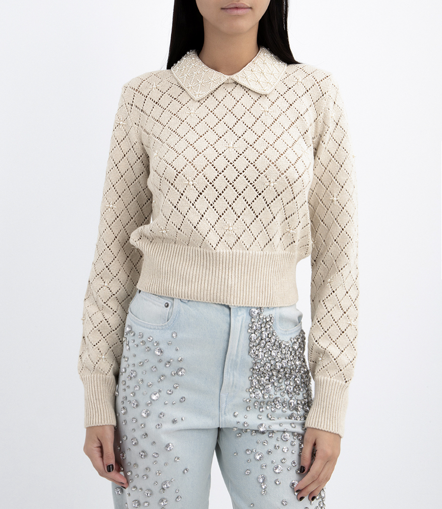 PANAMA-COLORED OPENWORK COTTON CROPPED SWEATER