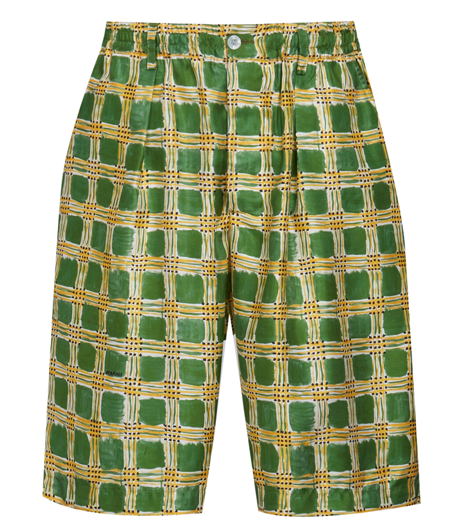 MARNI - GREEN SILK TWILL SHORTS WITH CHECK FIELDS PRINT