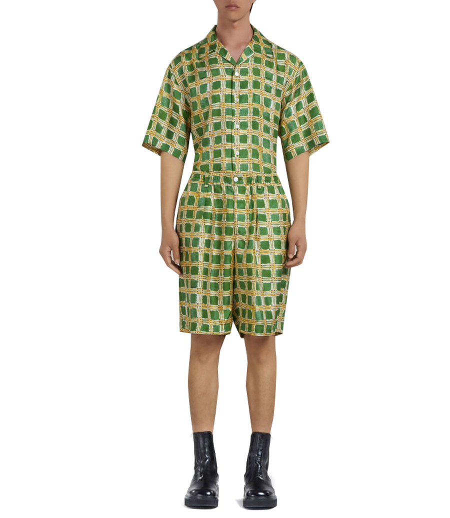 GREEN SILK TWILL SHORTS WITH CHECK FIELDS PRINT