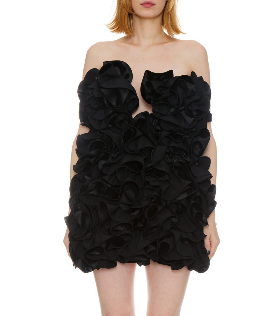 RUFFLED STRAPLESS MINI DRESS IN BLACK