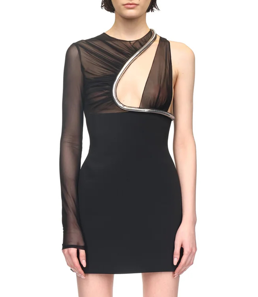 METALLIC TUBE TRIM ASYMMETRIC MINI DRESS