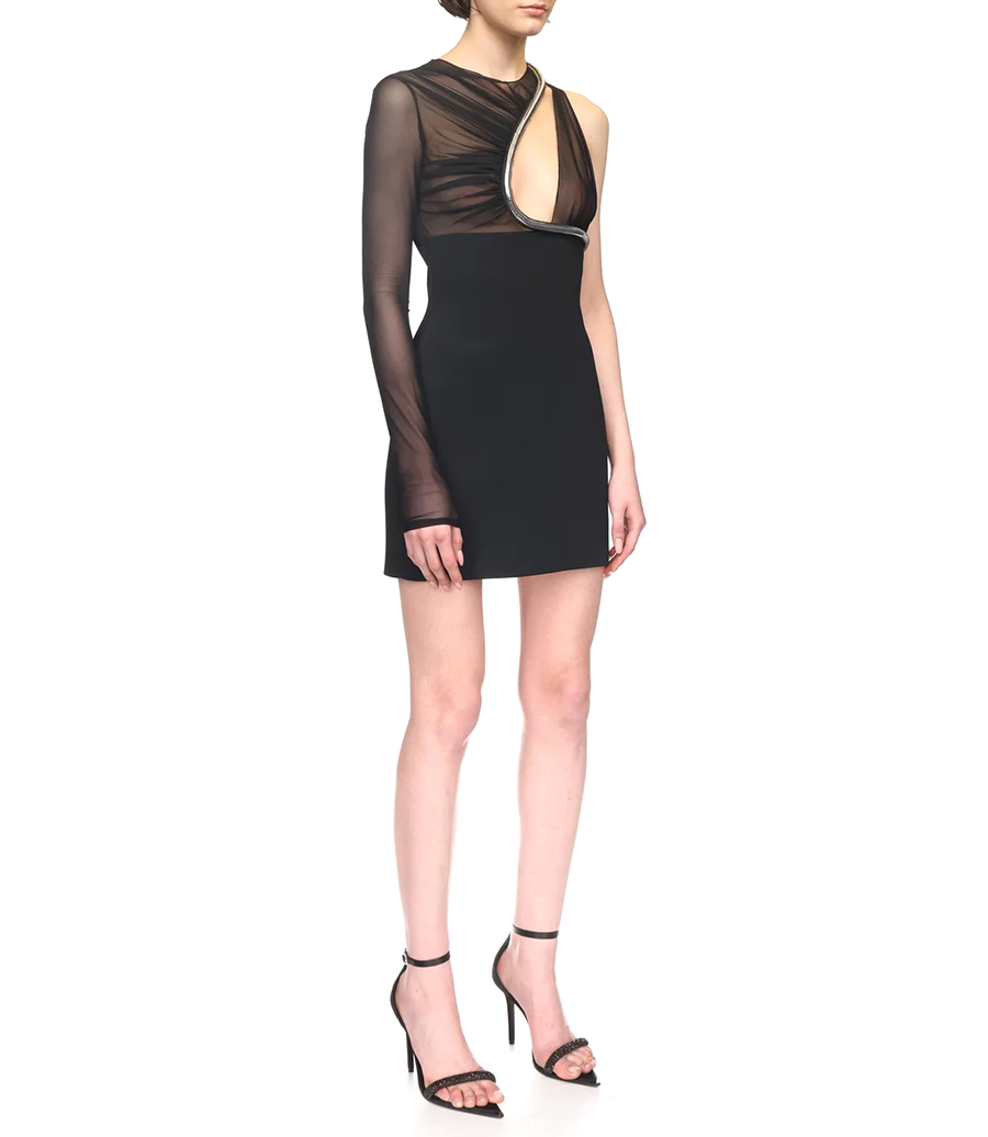 METALLIC TUBE TRIM ASYMMETRIC MINI DRESS