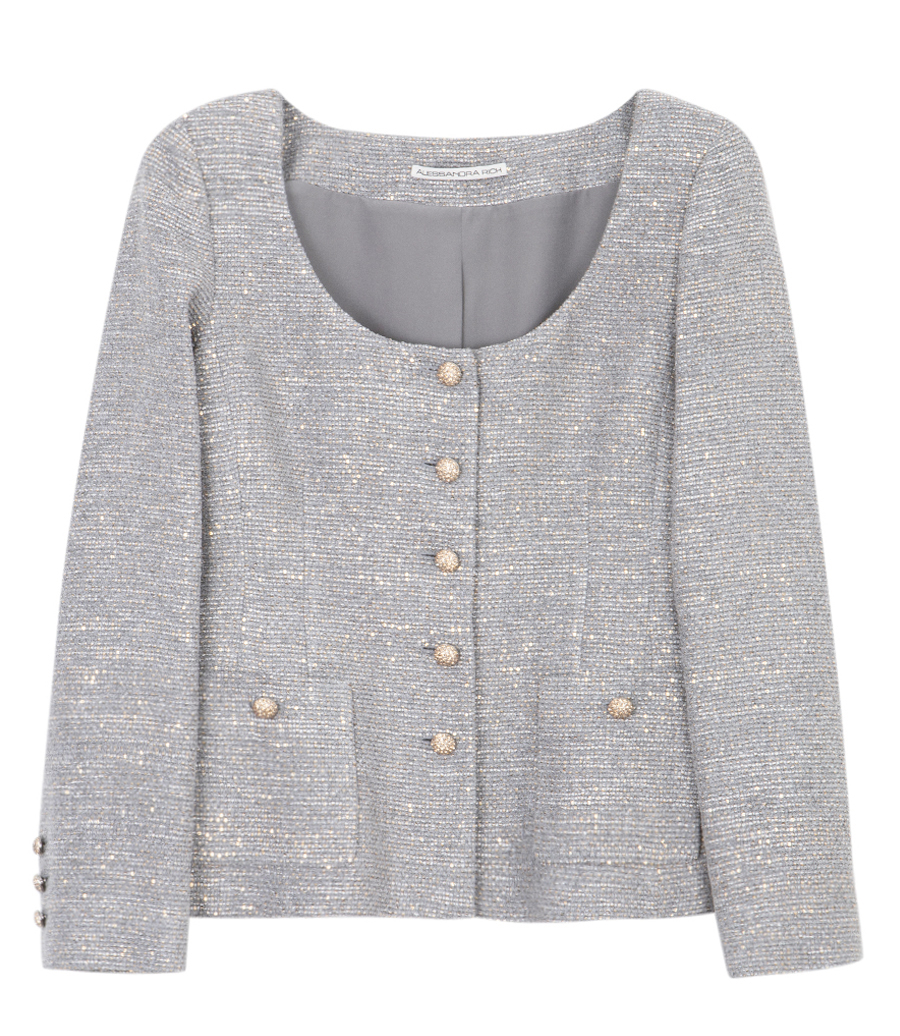 ALESSANDRA RICH - SEQUIN TWEED ROUND NECKLINE JACKET