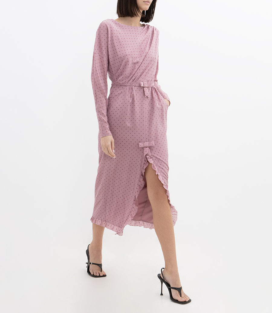 POLKA DOT PRINT DRAPED MIDI DRESS