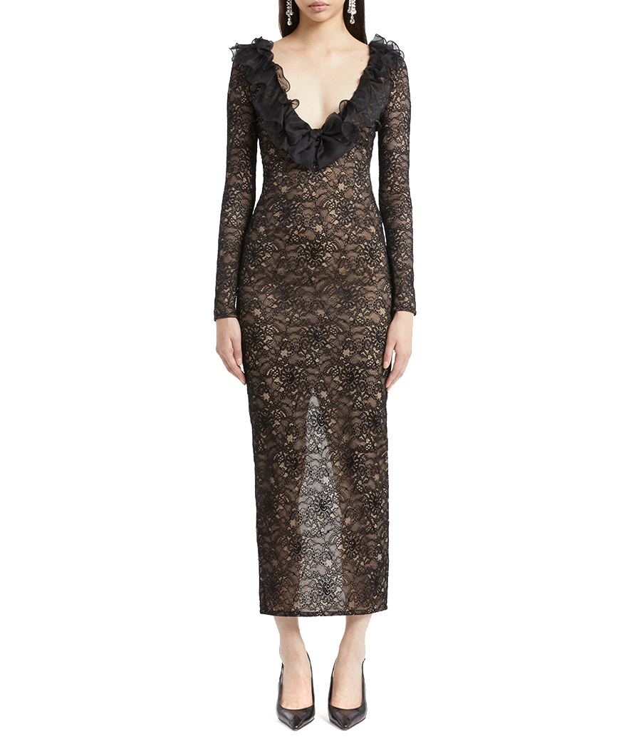 STRETCH LACE DRESS WITH ORGANZA RUFFLES