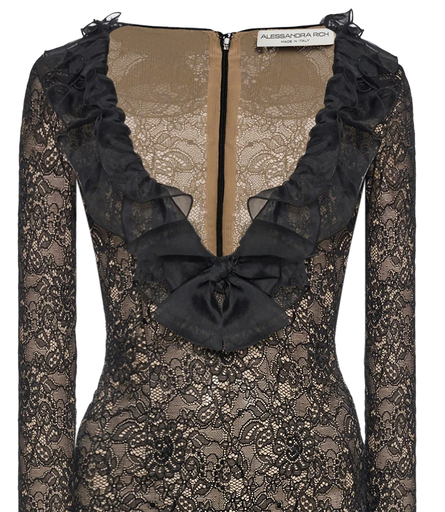 STRETCH LACE DRESS WITH ORGANZA RUFFLES
