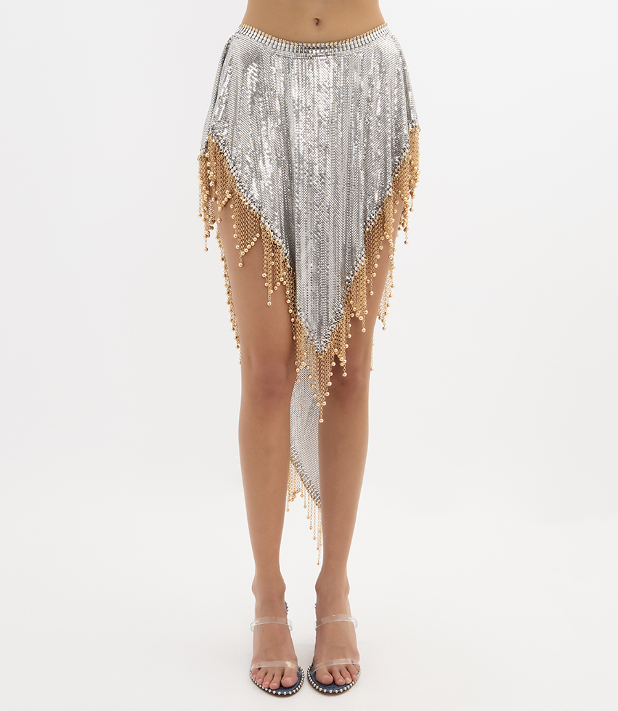 ASYMETRICAL SKIRT WITH GOLDEN METALIC FRINGES