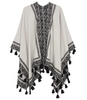 SALES - BLACK & WHITE EMBROIDERED PONCHO WITH TASSELS