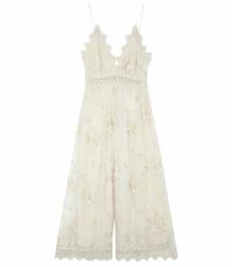 SALES - TROPICALE ANTIQUE JUMPSUIT IN IVORY EMBROIDERED SILK GEORGETTE