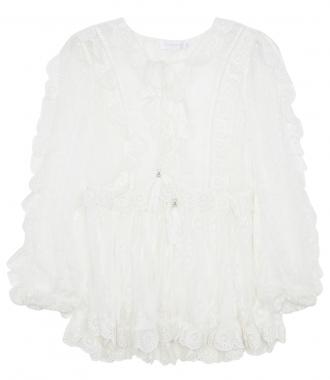 BLOUSES - VALOUR SCALLOP RUFFLE BLOUSE WITH DEEP LACED UP V NECKLINE