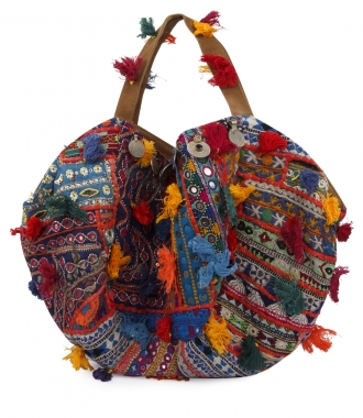 BAGS - COTTON BIG BAG FT THAI TAPESTRY WITH POMPOMS & MIRRORS