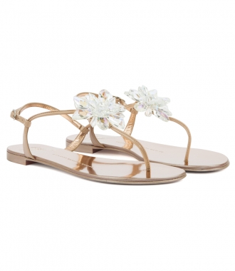 SANDALS - LETIZIA MIRRORED ROSE GOLD FLAT SANDAL WITH CRYSTAL FLOWER