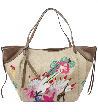 BAGS - CALF LEATHER & COTTON WOVEN EMBROIDERED TOTE BAG