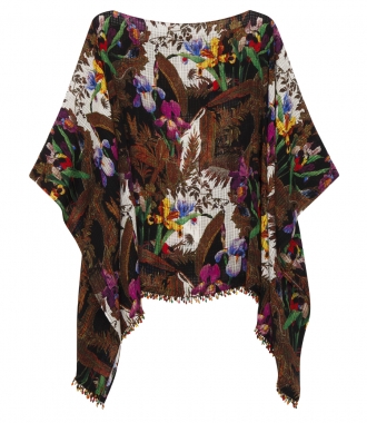 CLOTHES - FLORAL PRINTED TUNIC IN SILK WITH FRINGED HEM