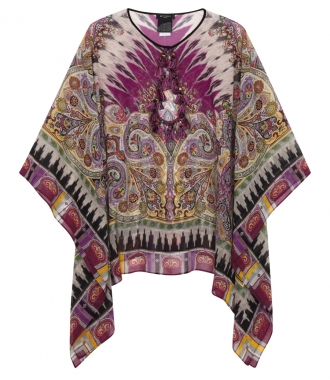 CLOTHES - PRINTED PONCHO TUNIC IN SILK FT CUT-OUT NECKLINE DETAIL