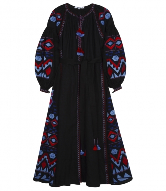 CARDIGANS - KILIM EMBROIDERED MAXI DRESS WITH OPEN NECKLINE & TASSEL TIES