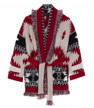 CLOTHES - FRINGED JACQUARD-KNIT CASHMERE OVERSIZED CARDIGAN IN RED PATTERN