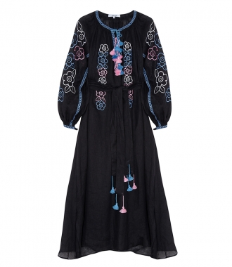 SALES - MAXI DRESS IN BLACK FT PINK & BLUE EMBOIDERIES