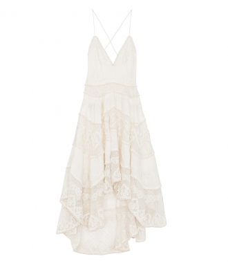 SALES - LACE CREAM MIDI DRESS WITH EMBROIDERED DOTS