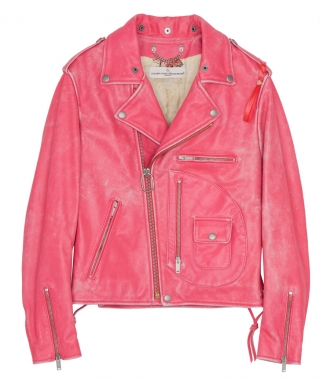 CLOTHES - PINK OFF-CENTER ZIPPED LEATHER JACKET