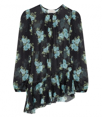 SALES - ASYMMETRIC BLOUSE WITH FLOWERS & POLKA DOTS