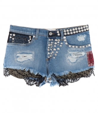 CLOTHES - STUDDED DENIM SHORTS FT PATCHES & LACE DETAILING