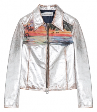 SALES - MIRA SILVER LEATHER JACKET FT SUNSET PRINT
